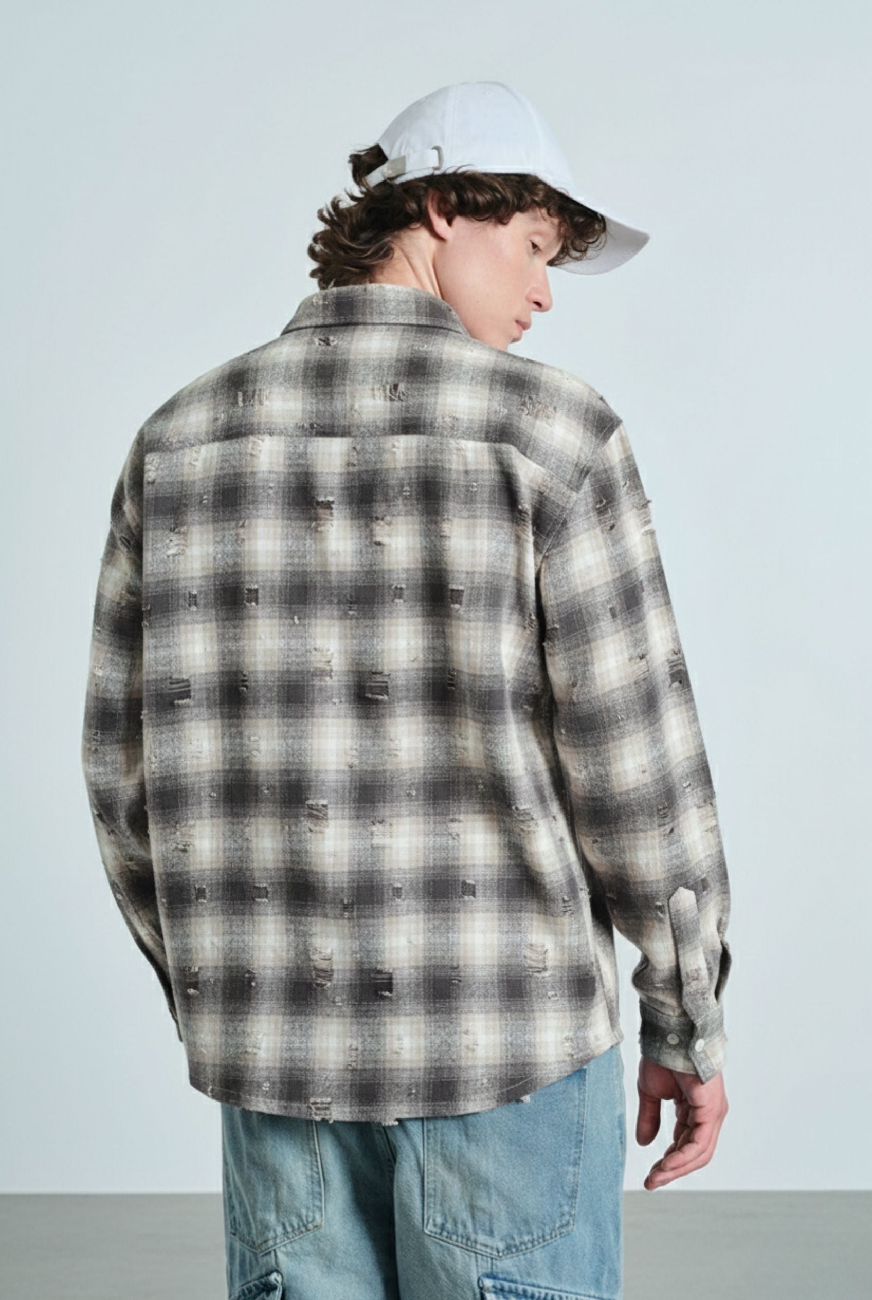 Grey Distressed Plaid Overshirt - BonkersCorner