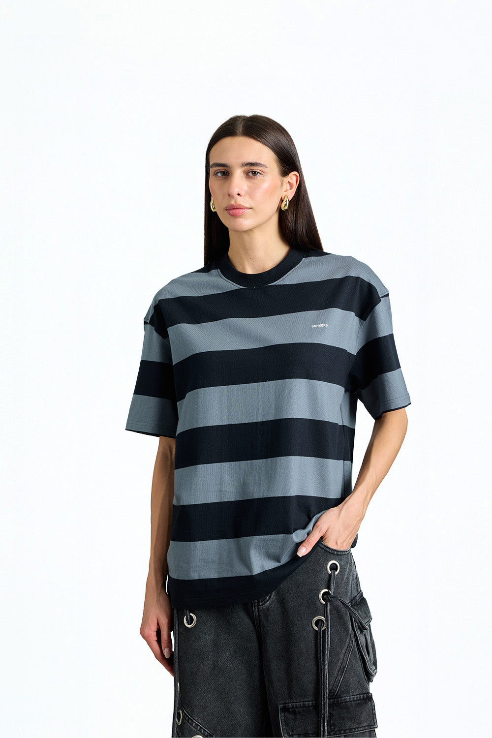 Grey Monochrome Stripe Oversized T-shirt - BonkersCorner