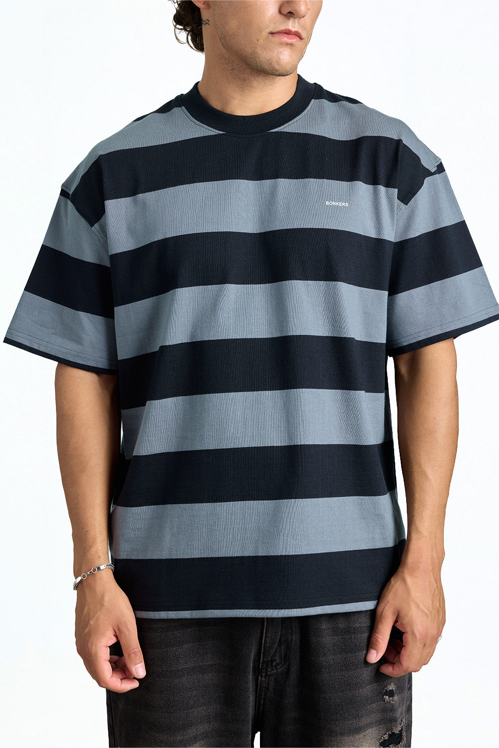 Grey Monochrome Stripe Oversized T-shirt - BonkersCorner