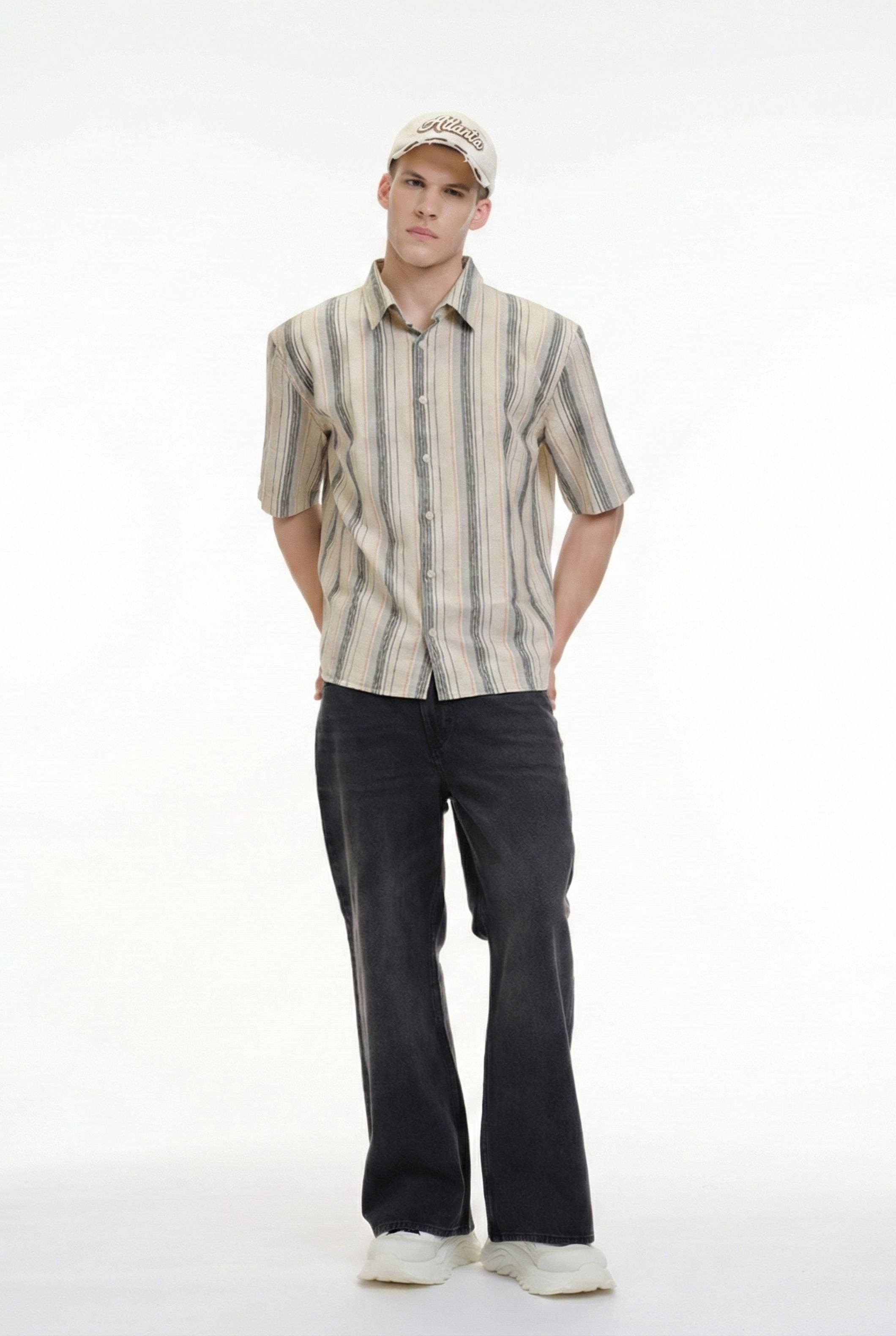 Grey Striped Short Sleeve Shirt