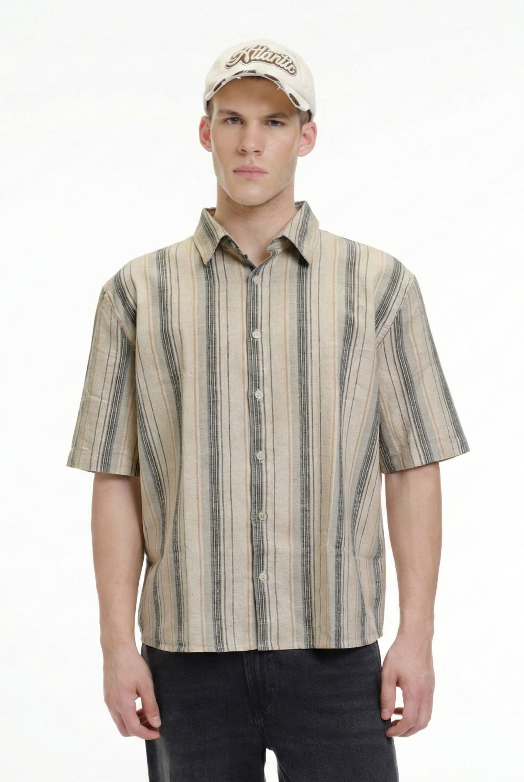 Grey Striped Short Sleeve Shirt