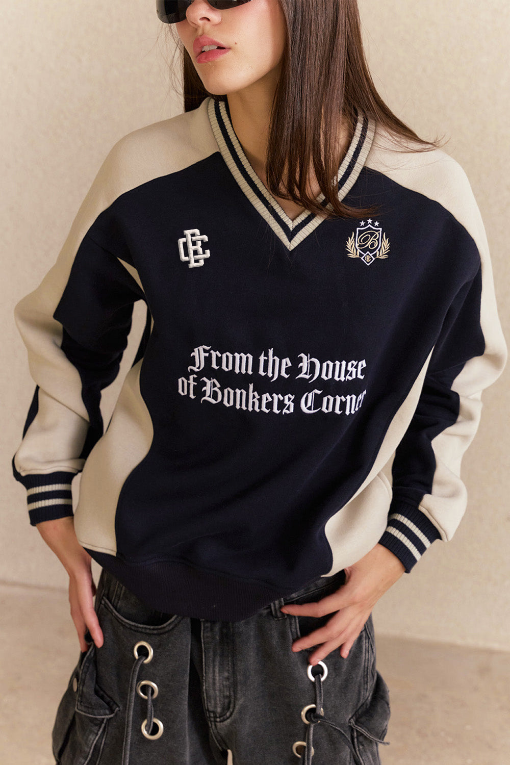 Navy Blue Athletic V-Neck Sweatshirt - BonkersCorner