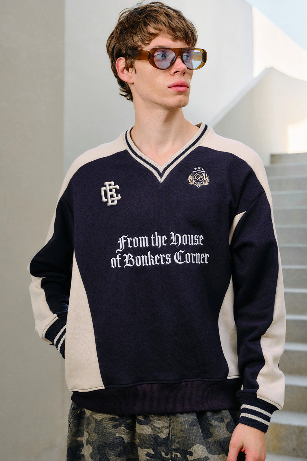 Navy Blue Athletic V-Neck Sweatshirt - BonkersCorner