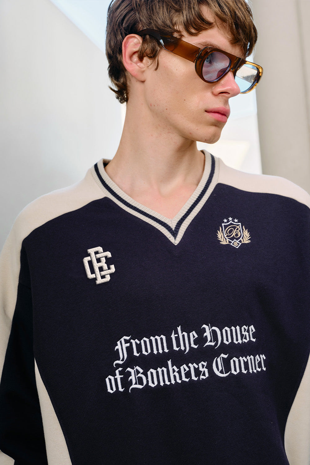 Navy Blue Athletic V-Neck Sweatshirt - BonkersCorner