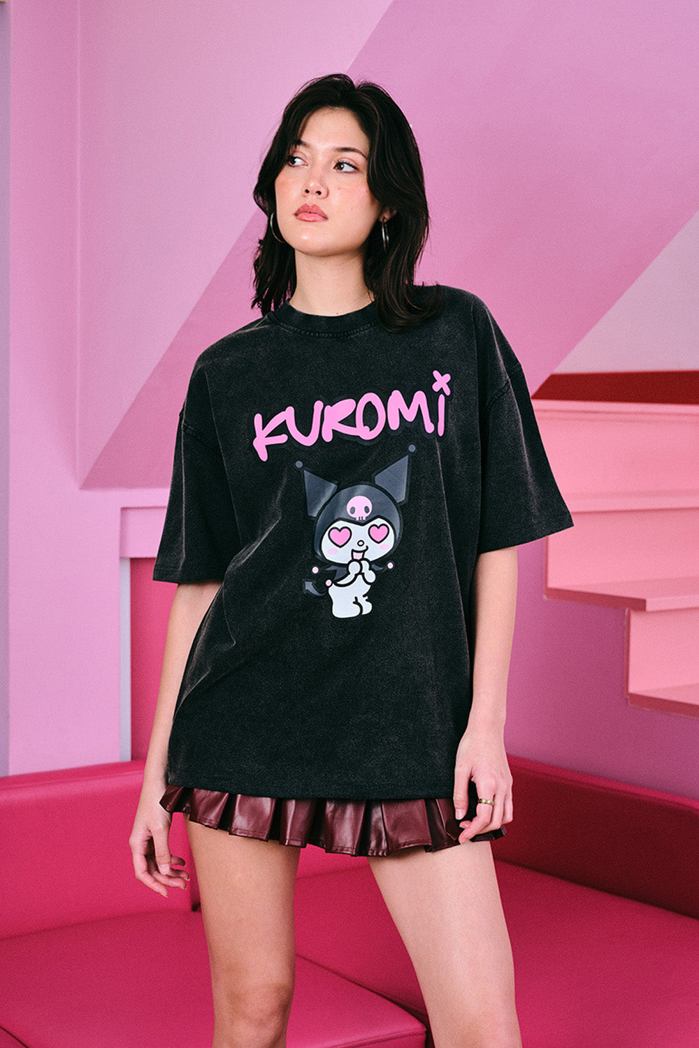 Kuromi Trouble Faded Black Oversized T-shirt - BonkersCorner