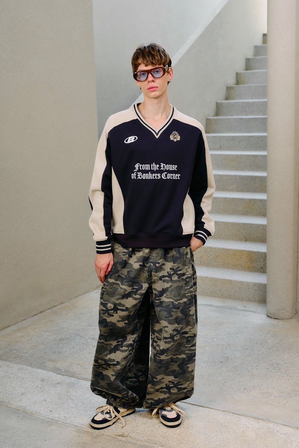 Navy Blue Athletic V-Neck Sweatshirt