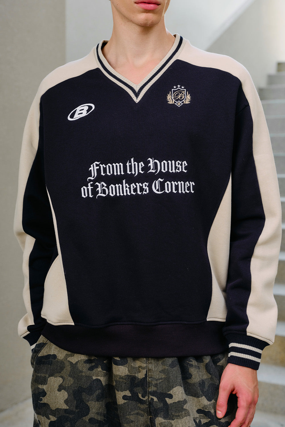 Navy Blue Athletic V-Neck Sweatshirt