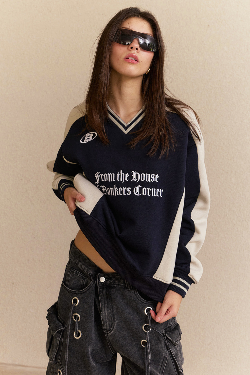 Navy Blue Athletic V-Neck Sweatshirt