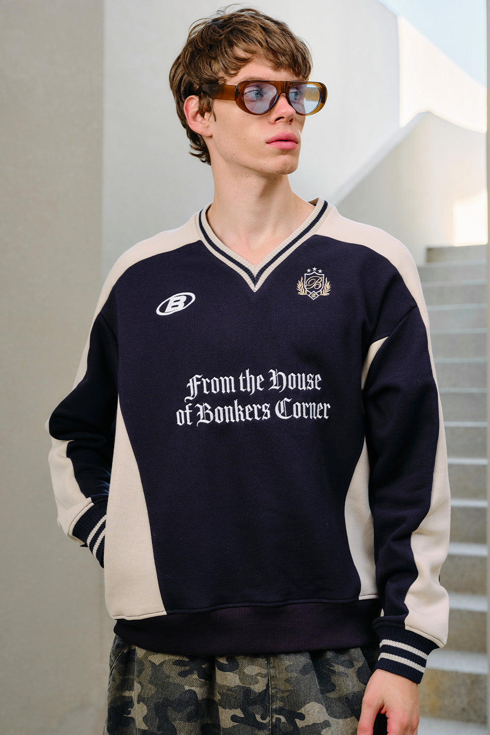 Navy Blue Athletic V-Neck Sweatshirt