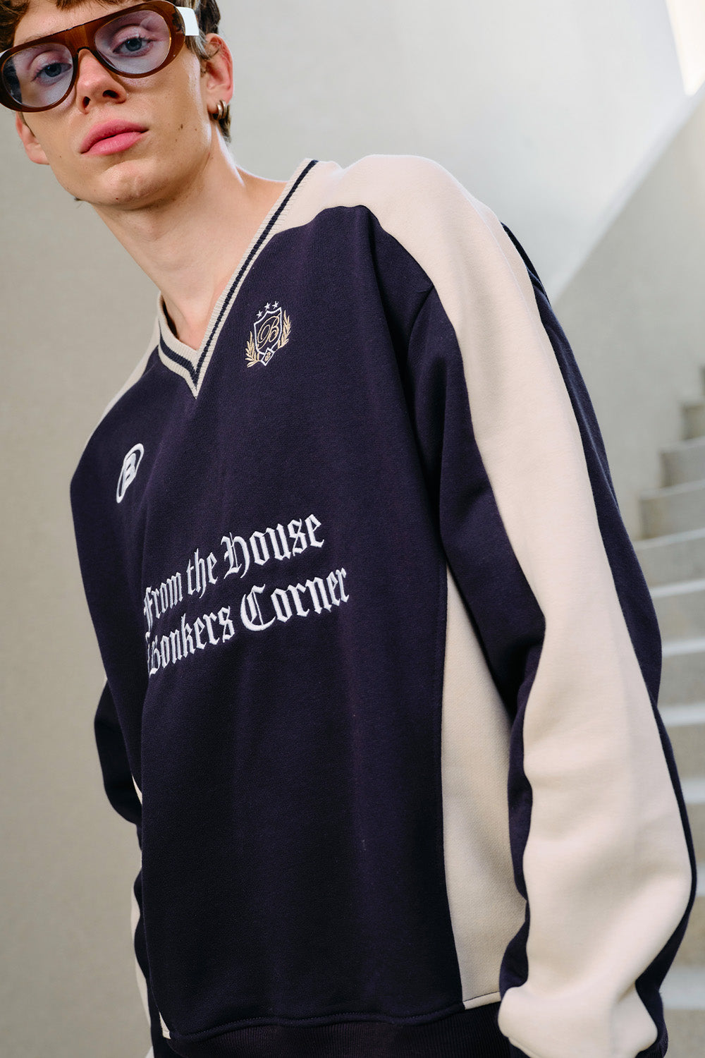 Navy Blue Athletic V-Neck Sweatshirt