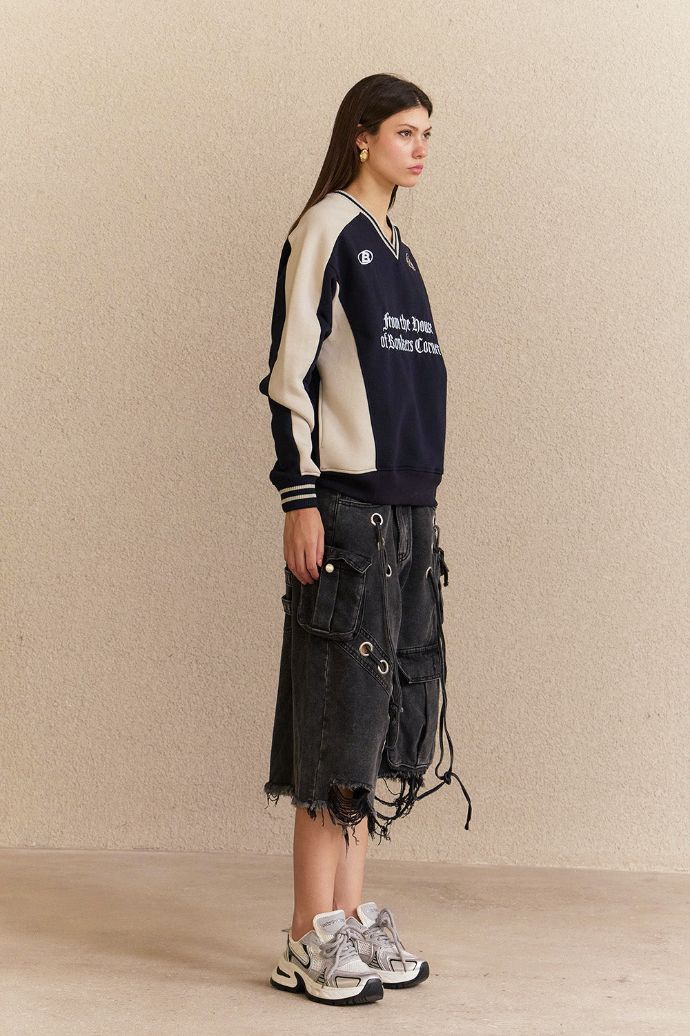 Navy Blue Athletic V-Neck Sweatshirt - BonkersCorner