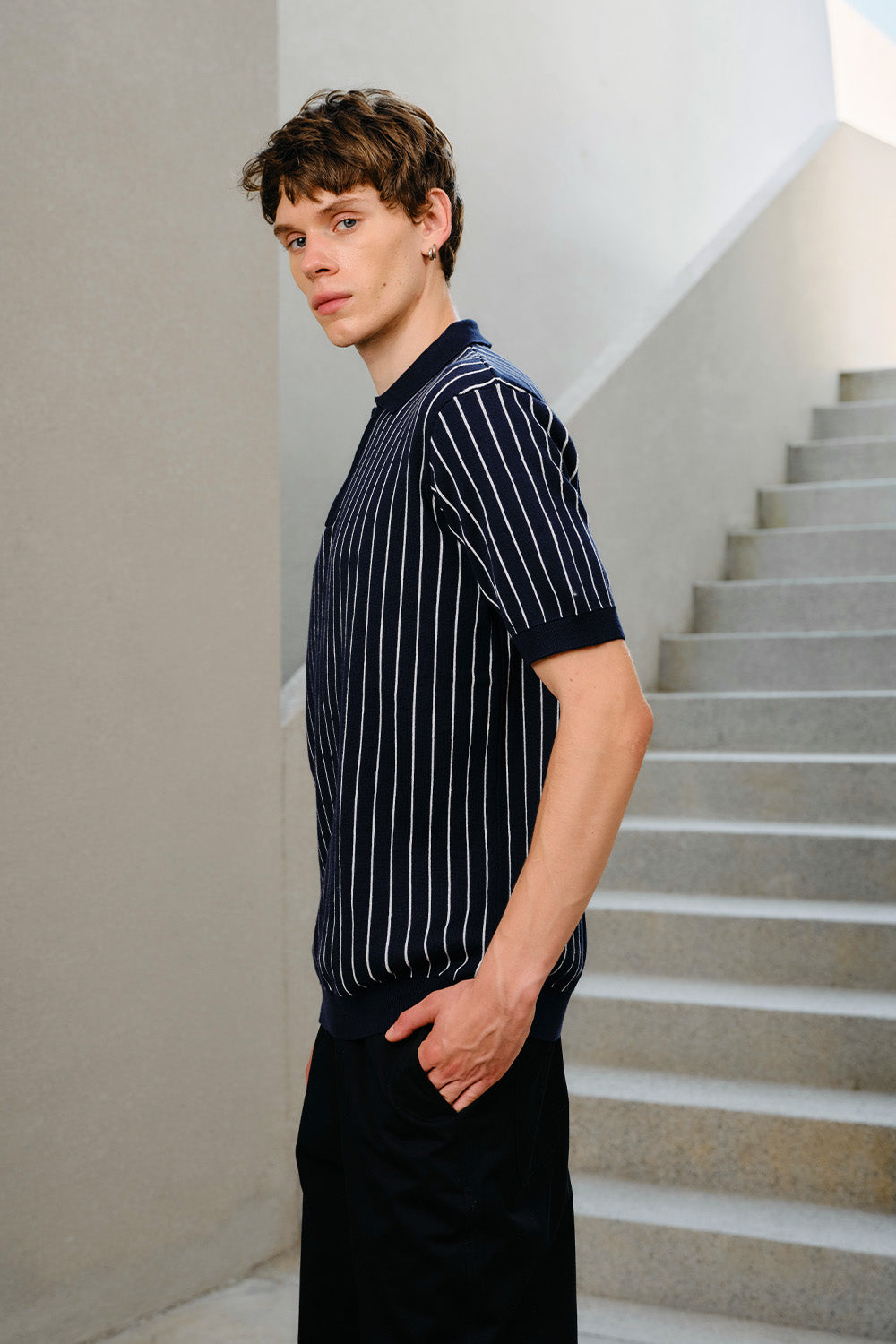 Navy Metro Stripe Knit Polo - BonkersCorner