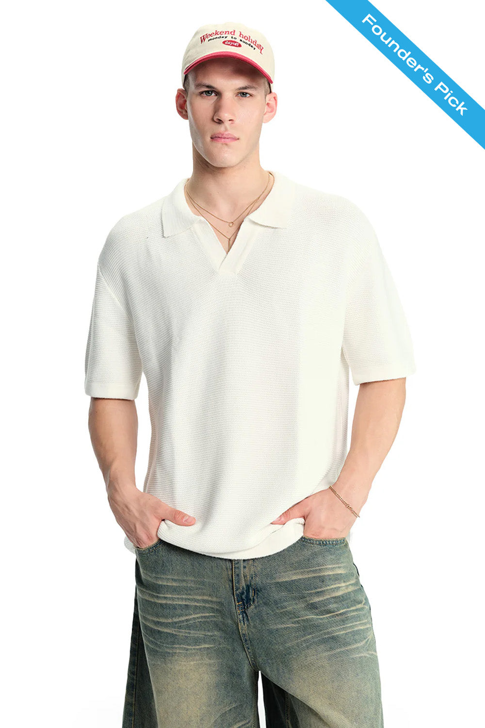 Off White Knit Double Textured Polo T-shirt - BonkersCorner