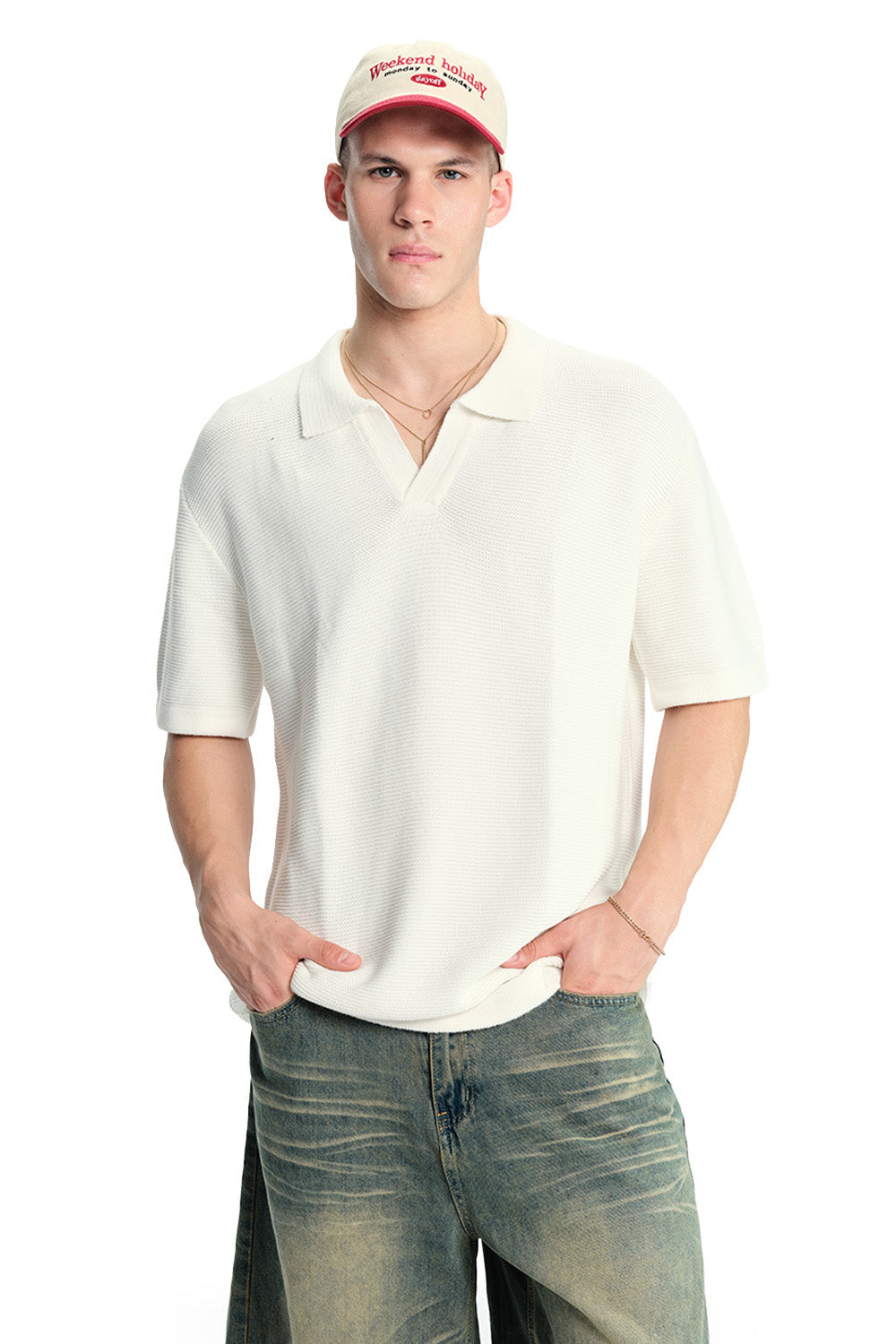 Off White Knit Double Textured Polo T-shirt - BonkersCorner