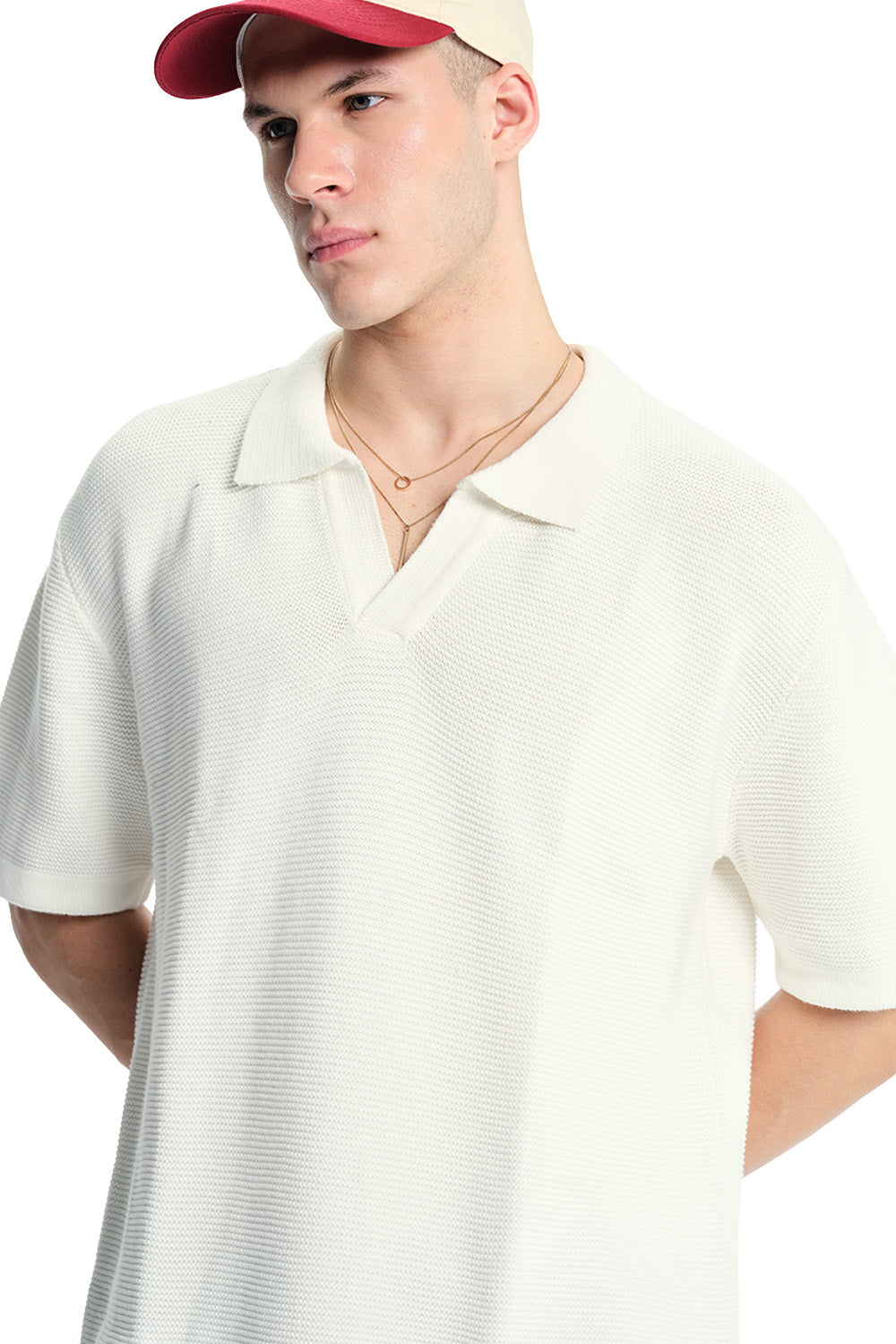 Off White Knit Double Textured Polo T-shirt