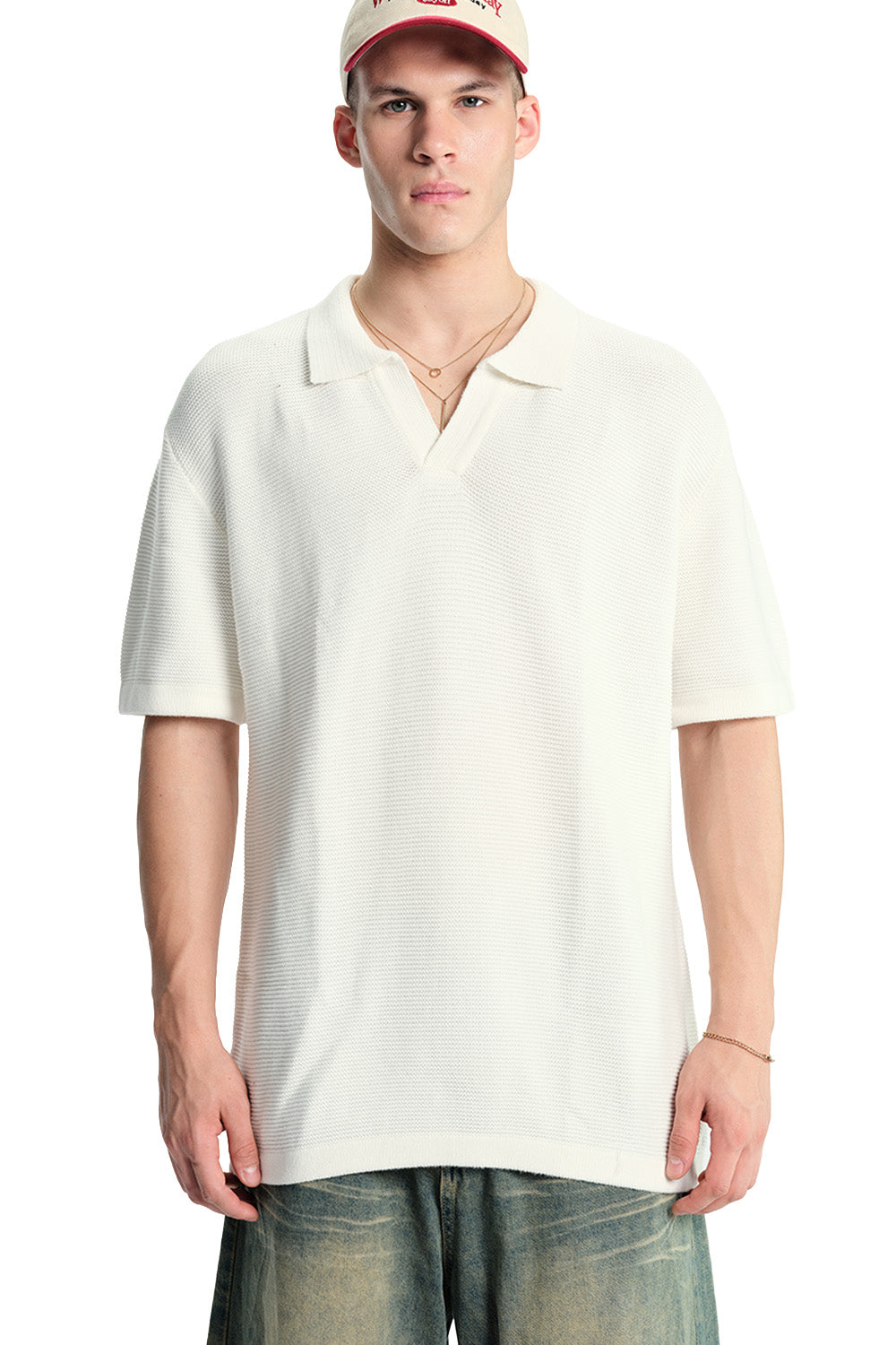 Off White Knit Double Textured Polo T-shirt