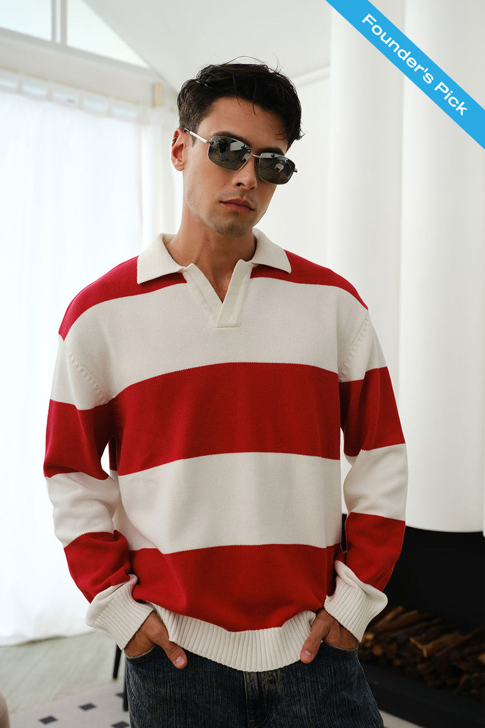 Red Stripe V-Neck Knit Polo - BonkersCorner