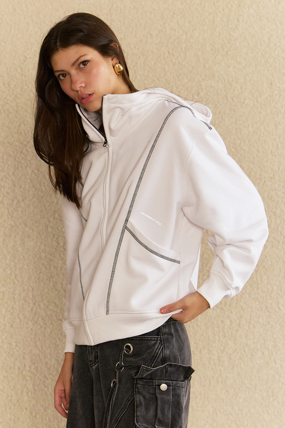 White Contour Zip Hoodie