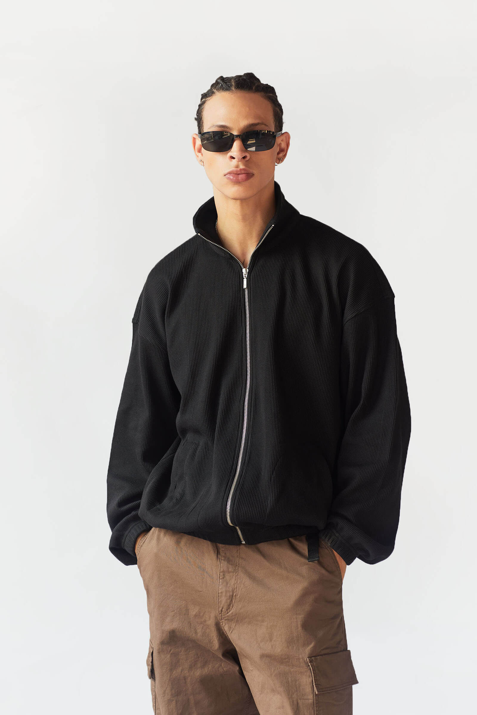 Black Full Sleeves Waffle Zipper - BonkersCorner
