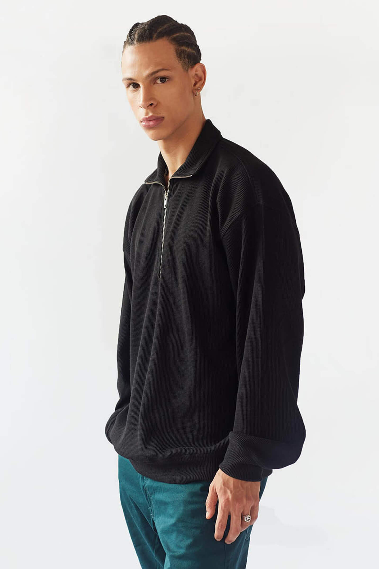 Black Half Zip Waffle Sweatshirt - BonkersCorner