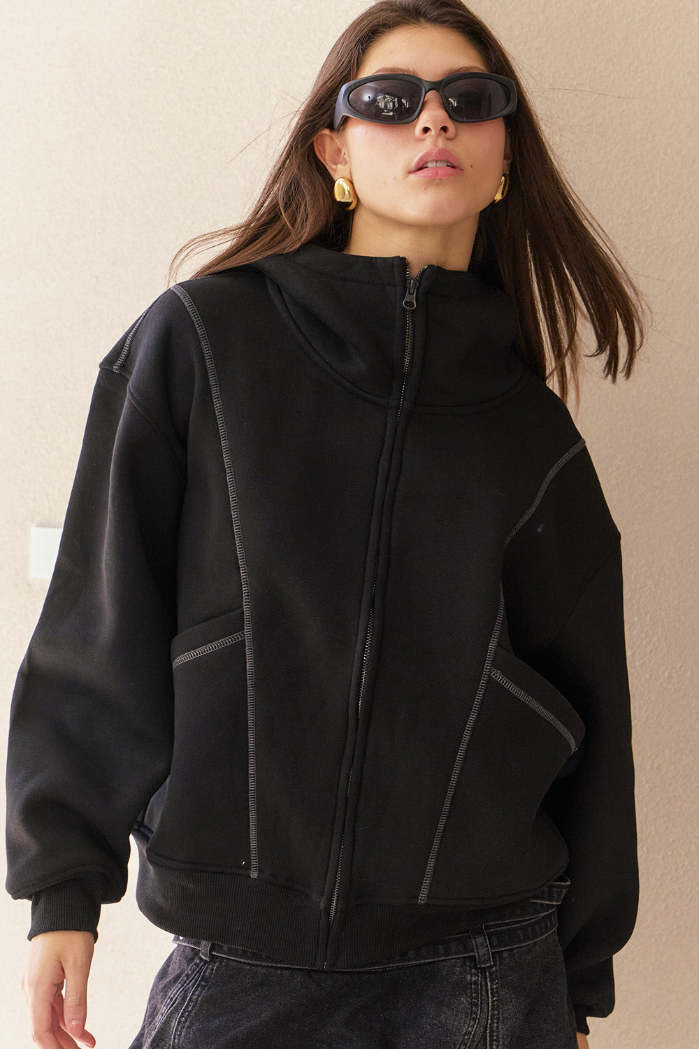 Black Contour Zip Hoodie