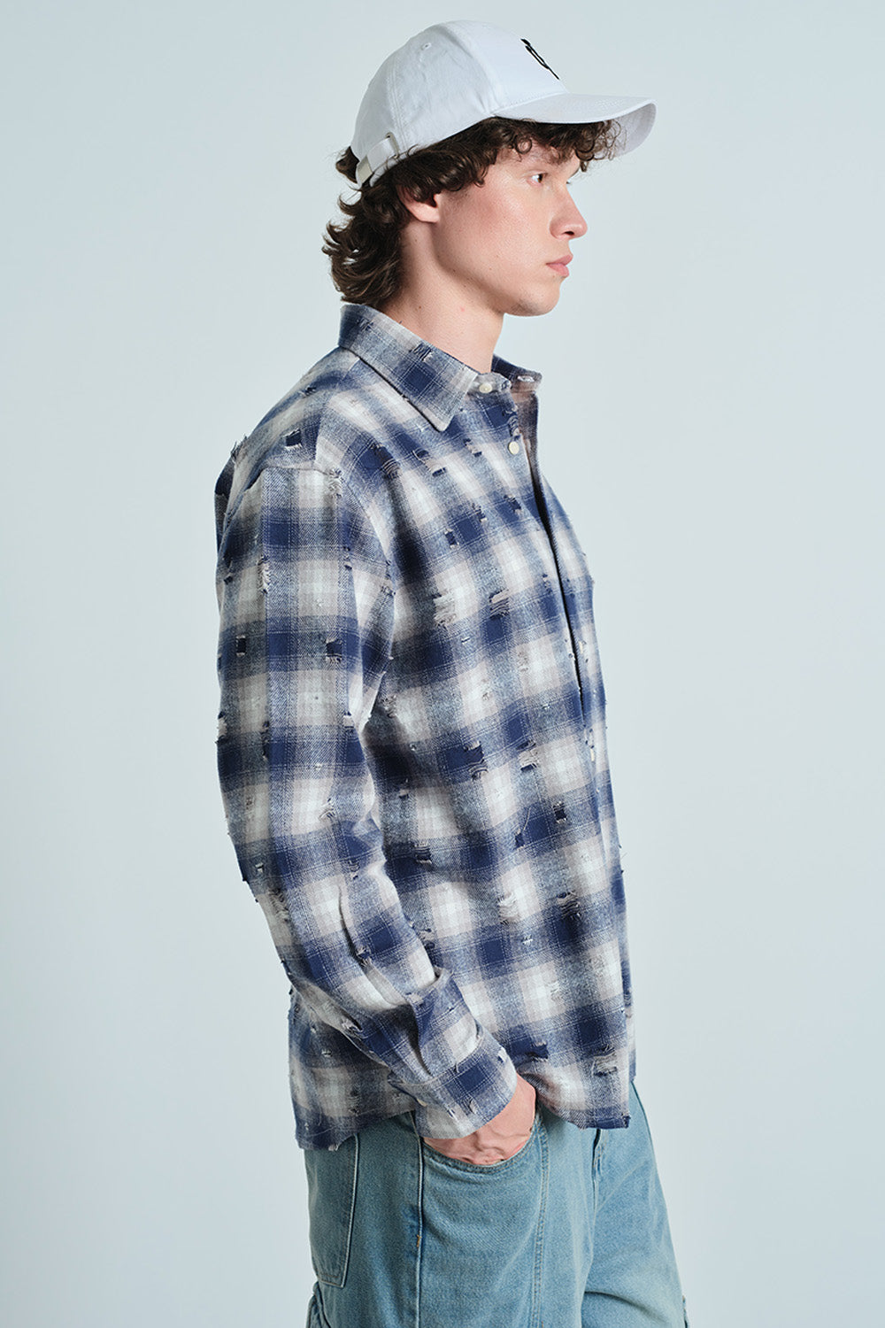 Blue Distressed Plaid Overshirt - BonkersCorner