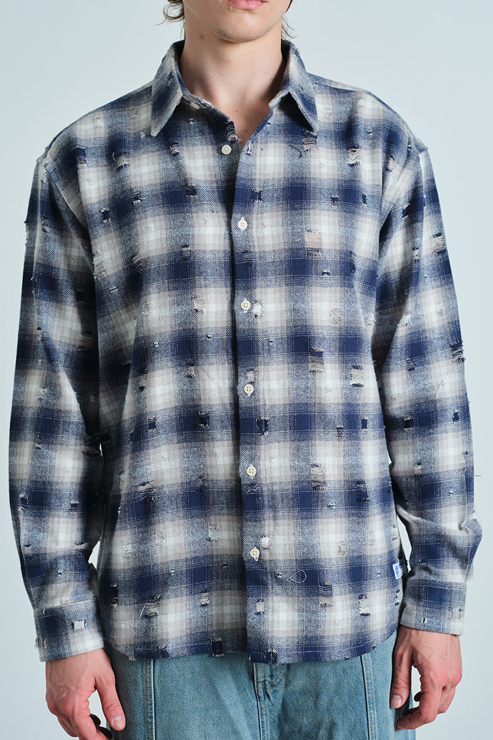 Blue Distressed Plaid Overshirt - BonkersCorner