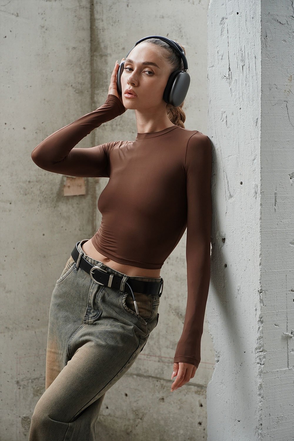 Brown Full Sleeves Polyamide Top