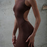 Brown Highneck Polyamide Backless Dress - BonkersCorner