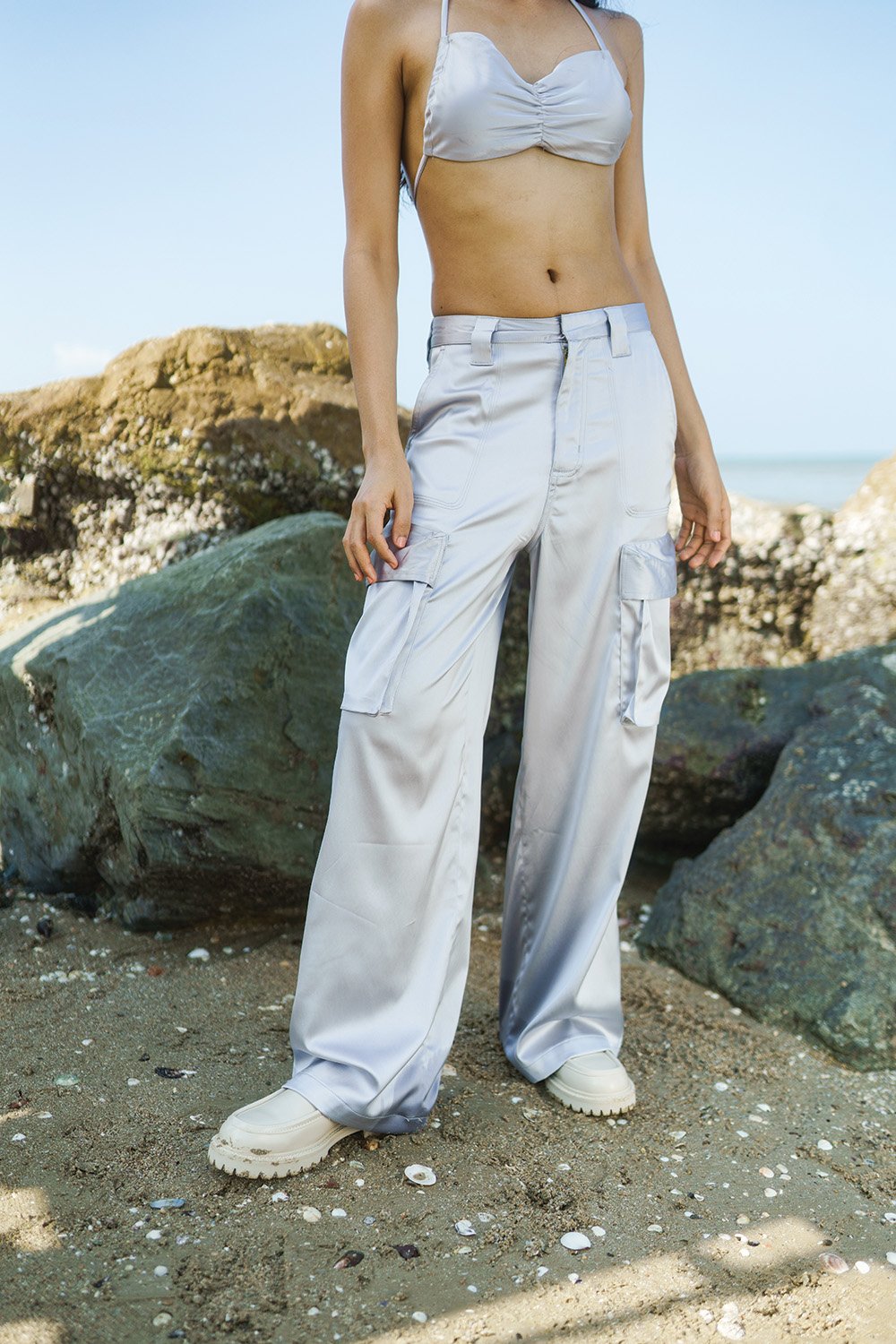 Light Grey Satin Utility Pants - BonkersCorner