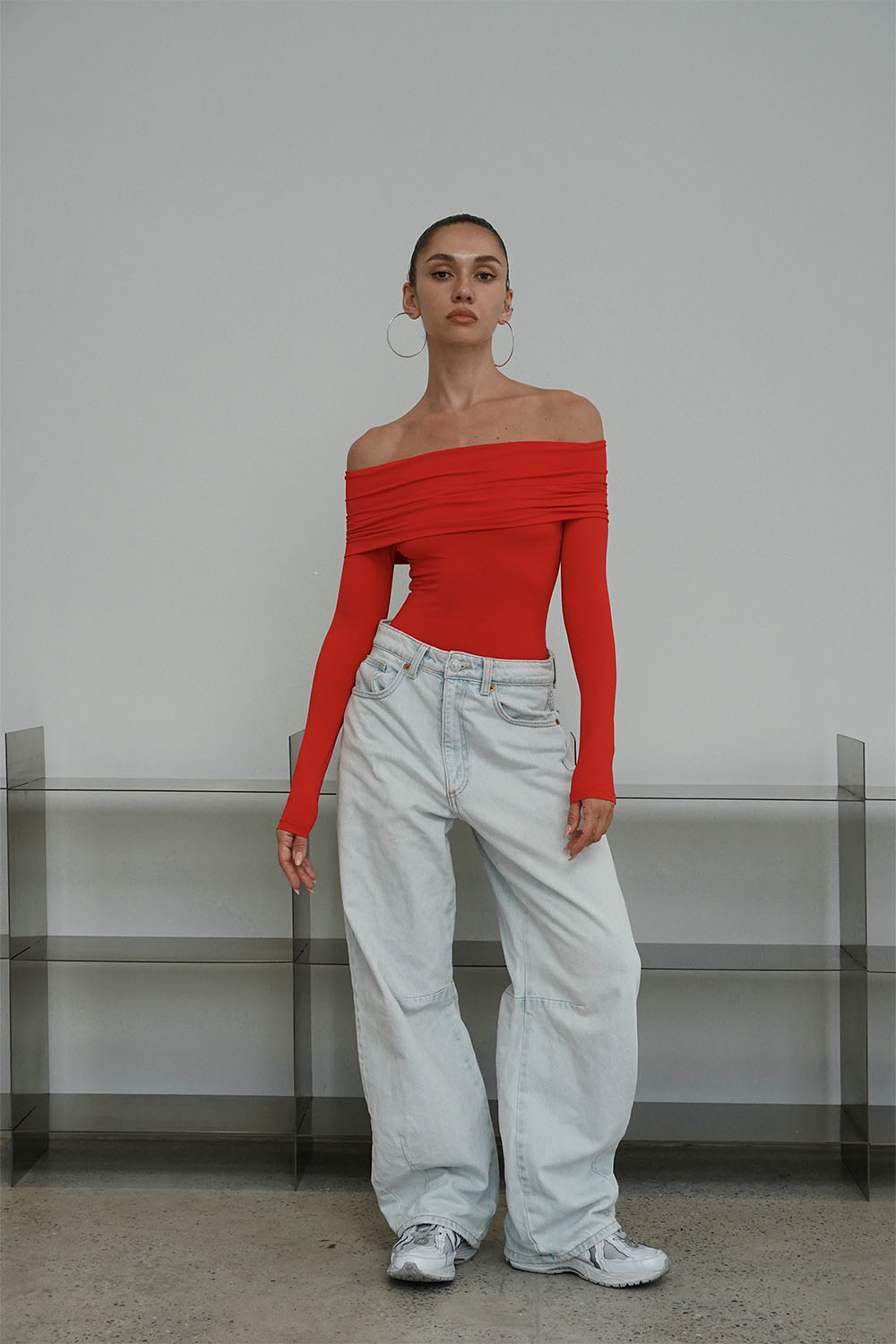Buy Red Off Shoulder Polyamide Bodysuit BonkersCorner