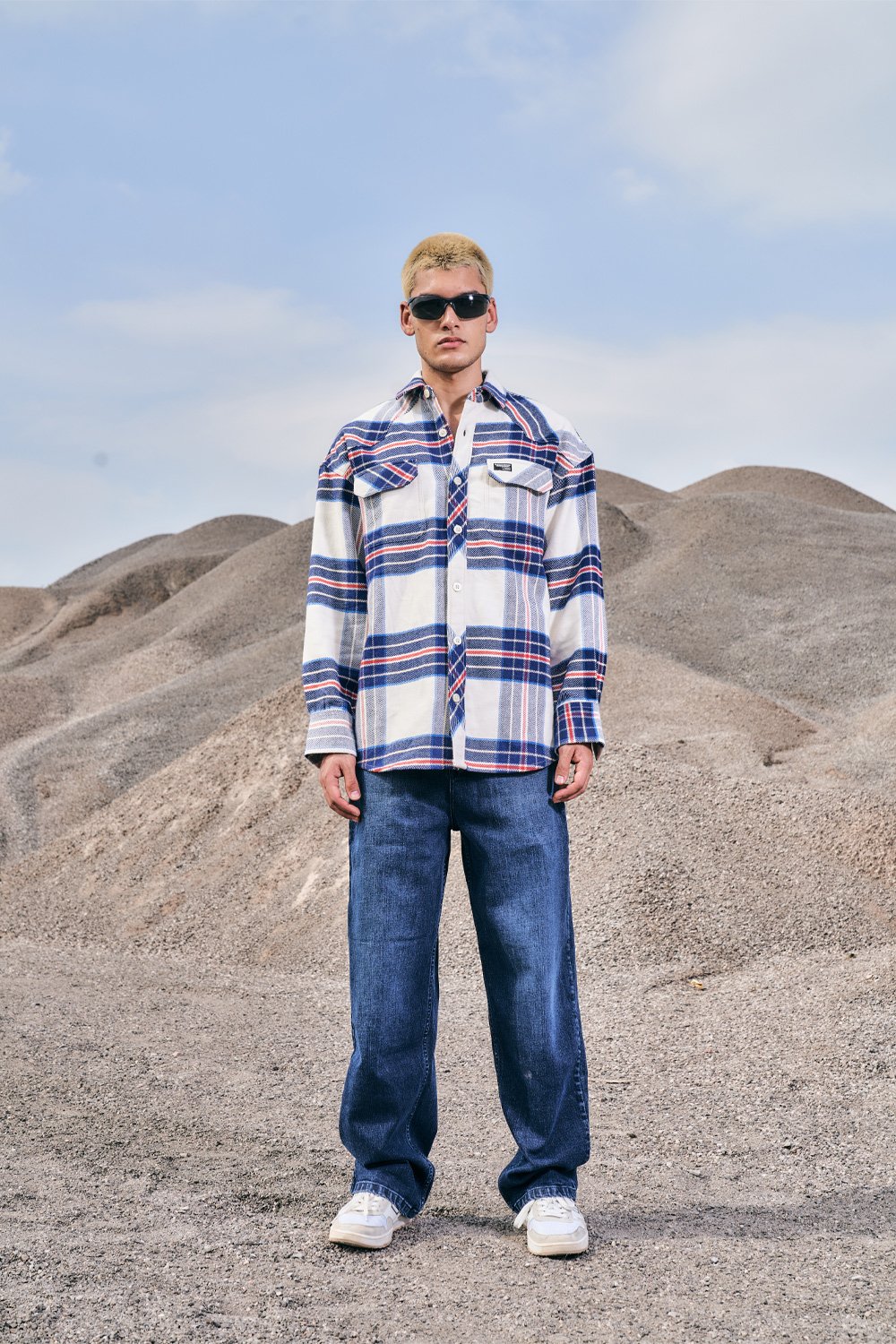Vintage Blue Premium Thick-Thin Plaid Oversized Shirt